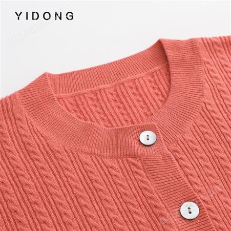 新款韩版圆领绞花羊毛单排扣开衫女士山羊绒罗纹下摆修身气质毛衣