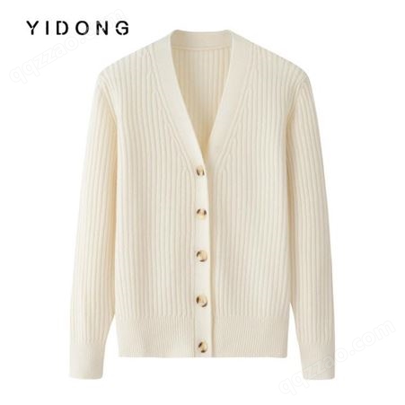 日韩休闲简约V领针织抽条开衫 山羊绒宽松型气质纯色女式毛衣外套