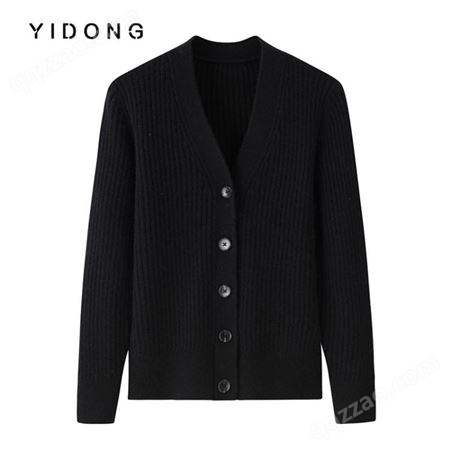日韩休闲简约V领针织抽条开衫 山羊绒宽松型气质纯色女式毛衣外套
